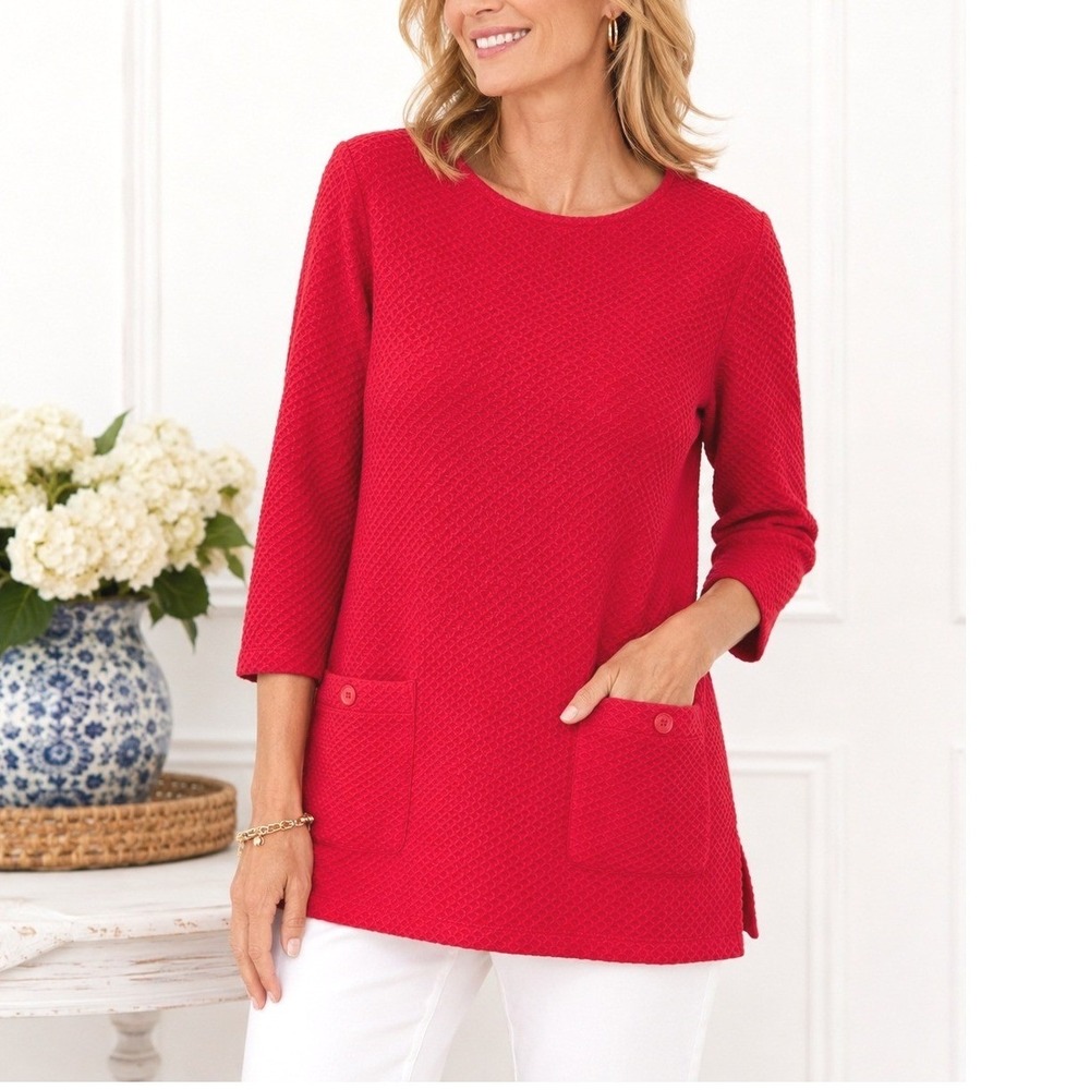 Coldwater Creek Textured Tunic Top Pink Red Pocket Sweater Small‎